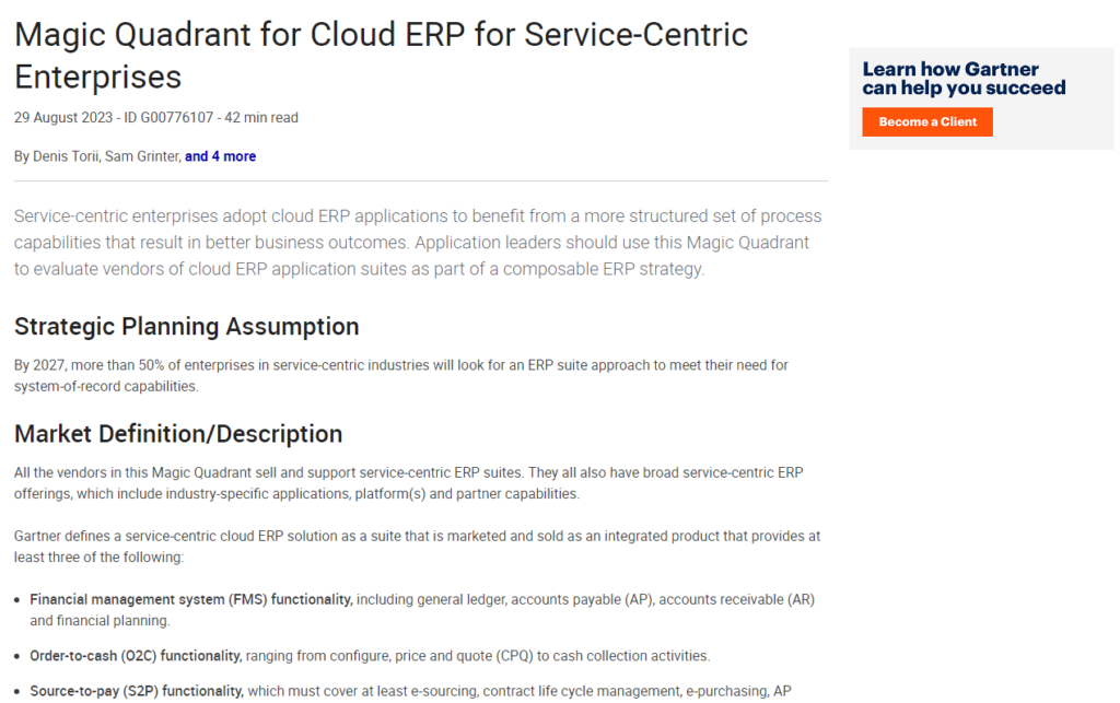 2023 Gartner® Magic Quadrant™ for Cloud ERP for ServiceCentric Enterprises