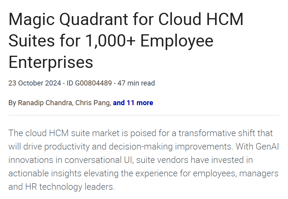 2024 Gartner® Magic Quadrant™ for Cloud HCM Suites for 1,000+ Employee